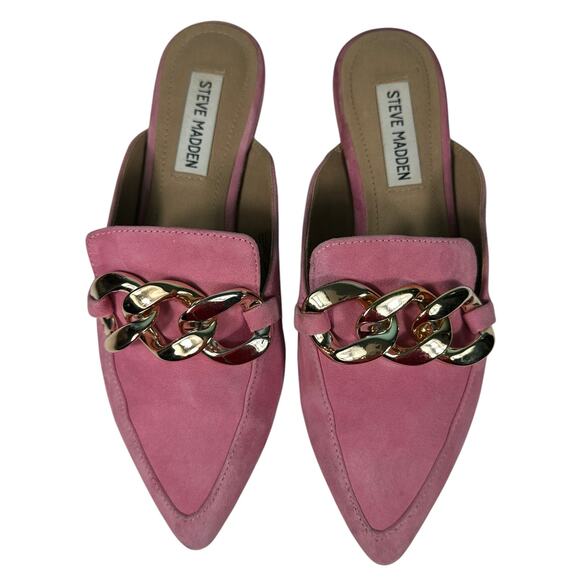 Steve Madden Chunky Gold Chain Pointed Toe Mule Barbie Pink Suede Size 6.5 - Picture 4 of 16